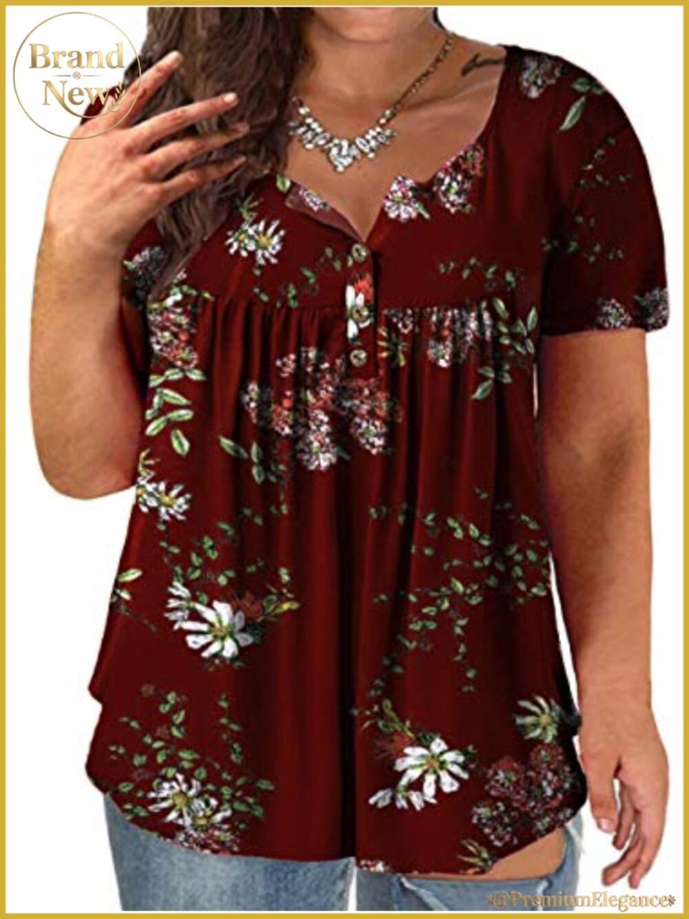 Plus Size Flowy Henley Tunic Top 3 Button Short Sleeve Rayon Soft Summer